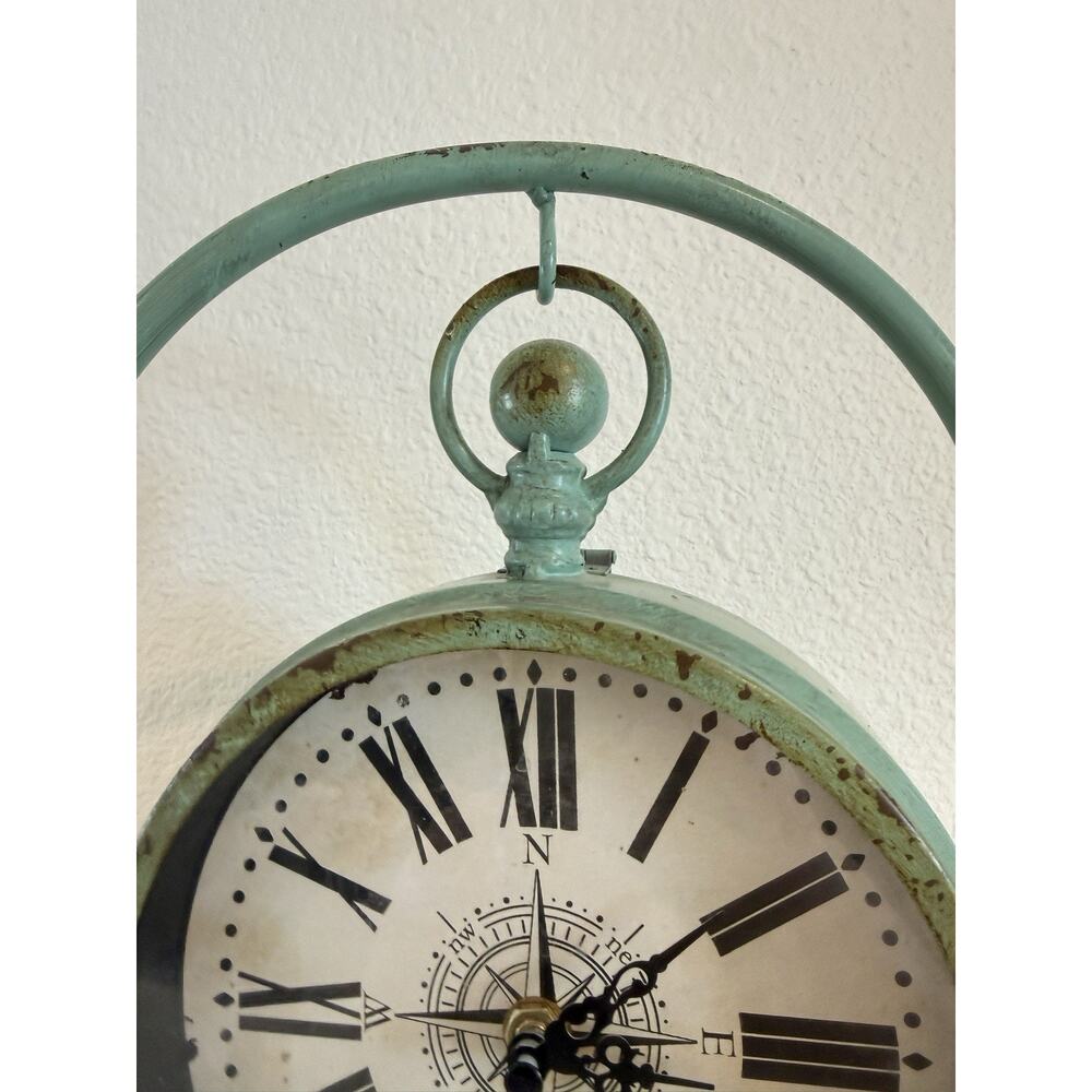 Hobby Lobby Vintage Green Table Shelf Clock Compass Roman Numerals Quartz - Picture 2 of 6